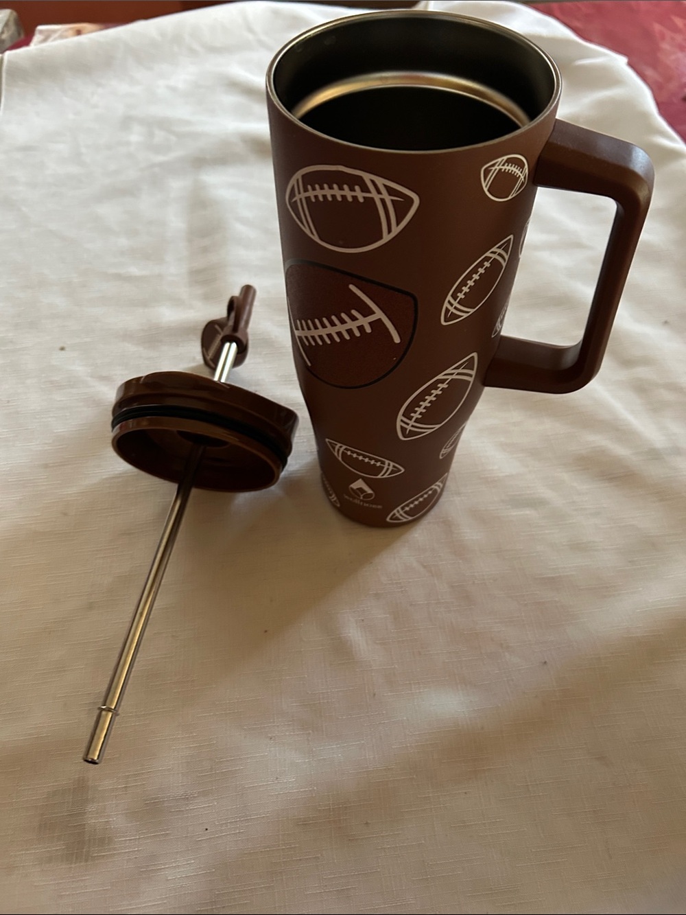 Brown Football-Print Travel Tumbler with Handle